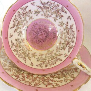 Royal Stafford Tea Cup and Saucer Pink with Heavy Gold Gilt, Fancy Handle  D225